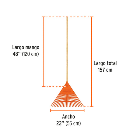 Escoba plástica para jardín, flexible, 22 dientes, mango 48'