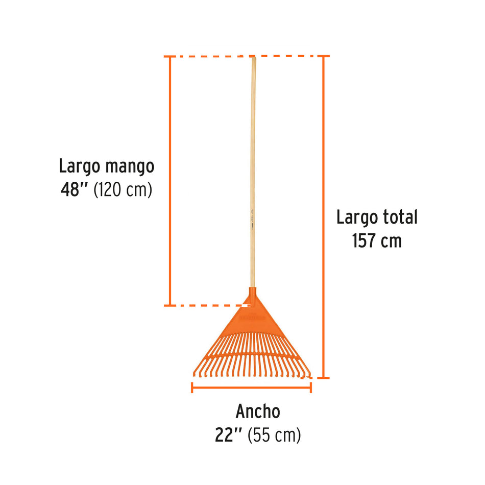 Escoba plástica para jardín, rígida, 22 dientes, mango 48'