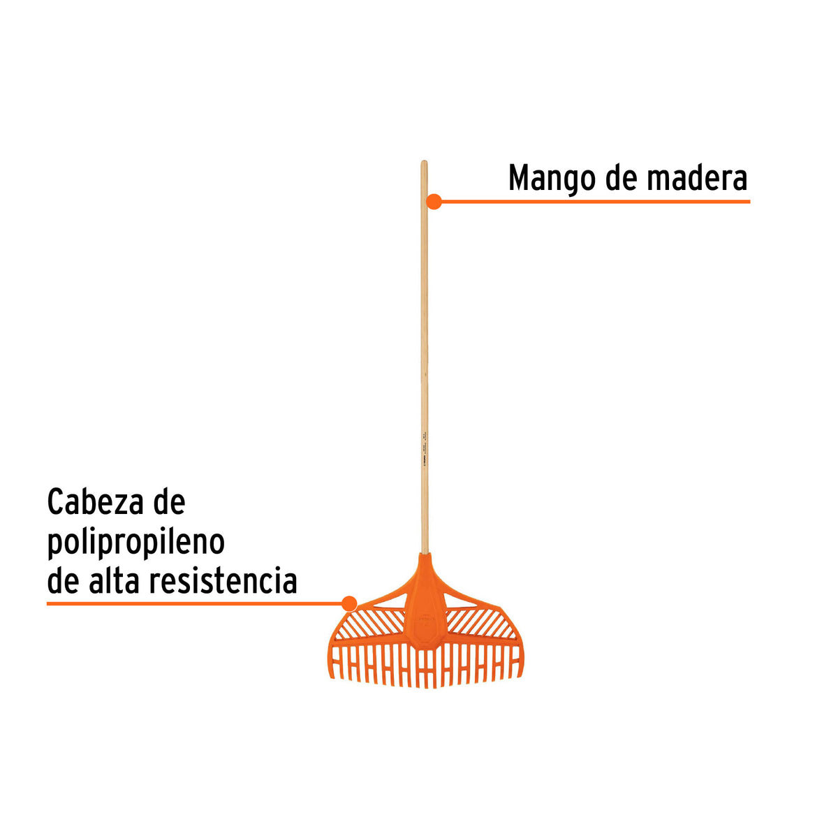 Escoba plástica para jardín, flexible, 23 dientes, mango 48'