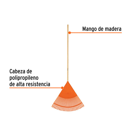 Escoba plástica para jardín, flexible, 26 dientes, mango 48'