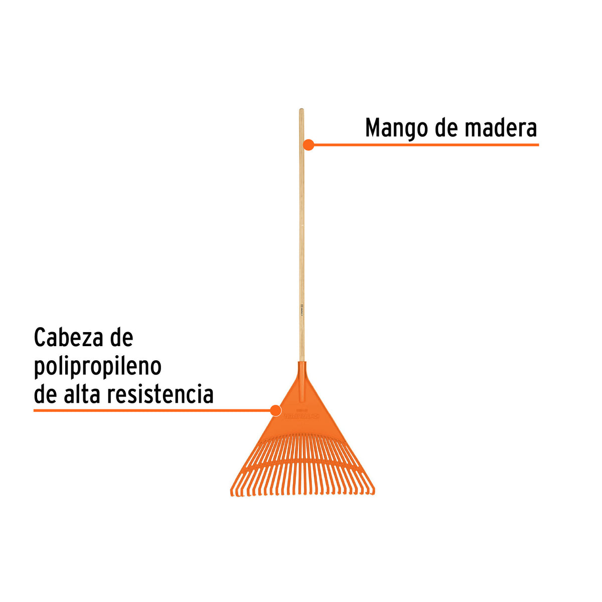 Escoba plástica para jardín, rígida, 26 dientes, mango 48'