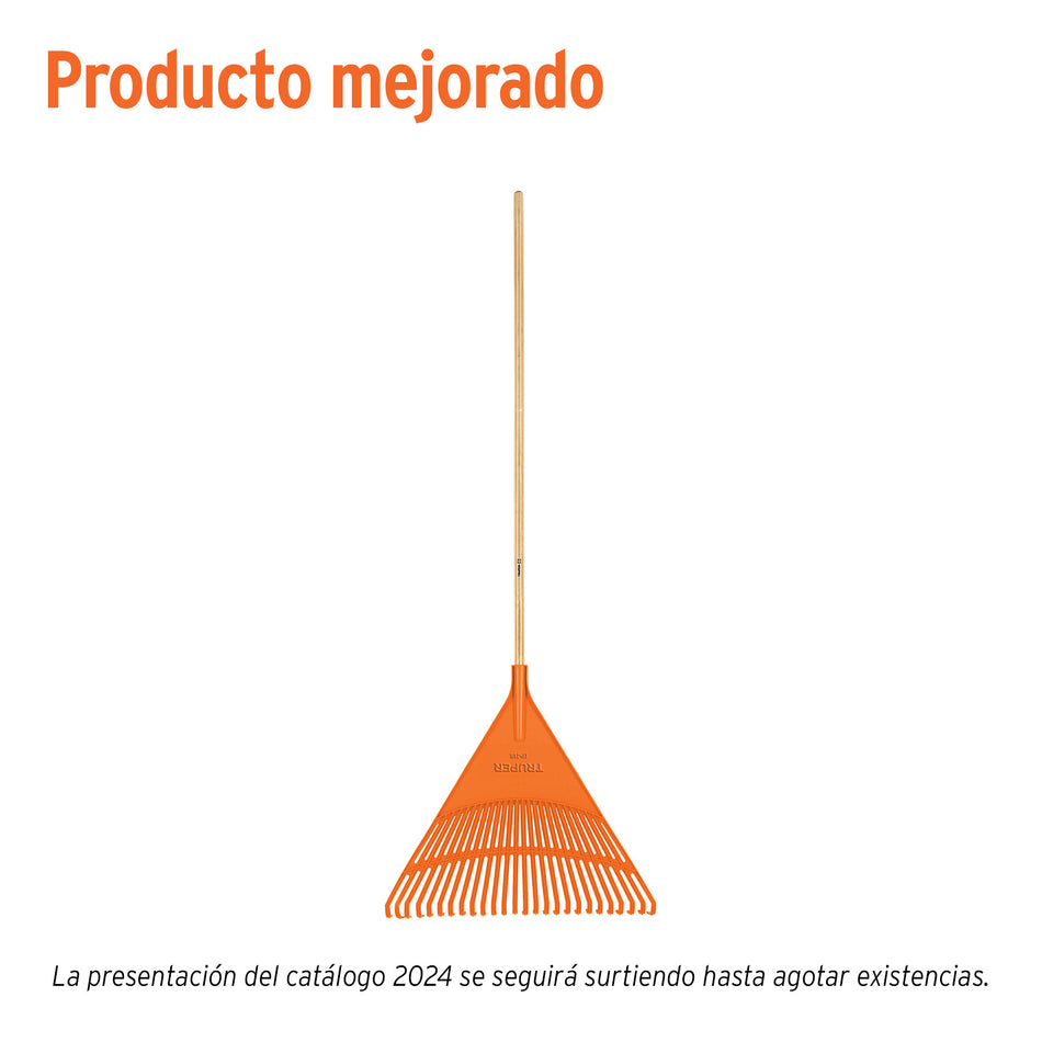 Escoba plástica para jardín, rígida, 26 dientes, mango 48'