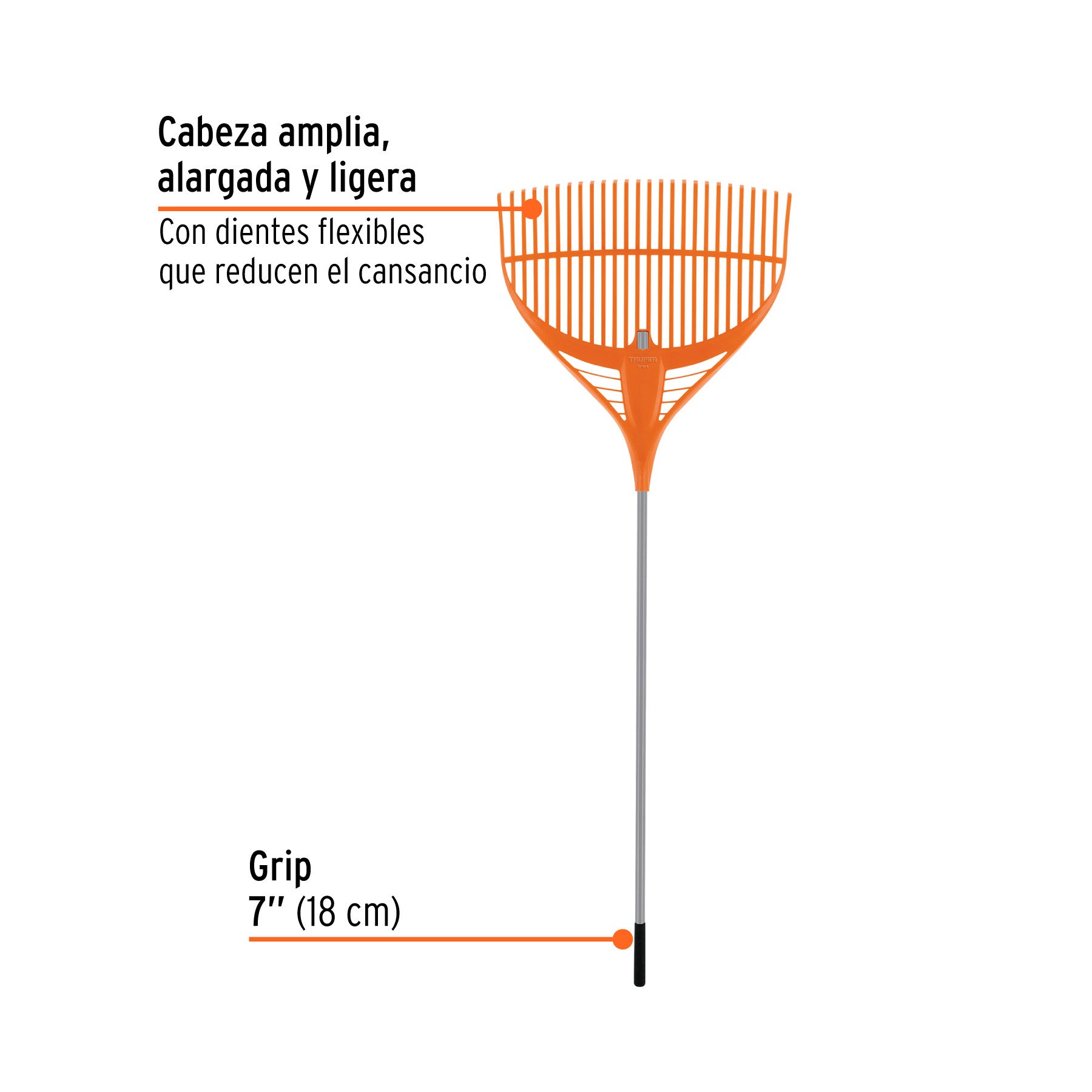 Escoba plástica p/jardín, flex. 26 dientes, mango acero 54'