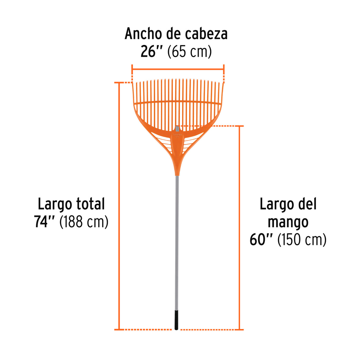 Escoba plástica p/jardín, flex. 26 dientes, mango acero 54'