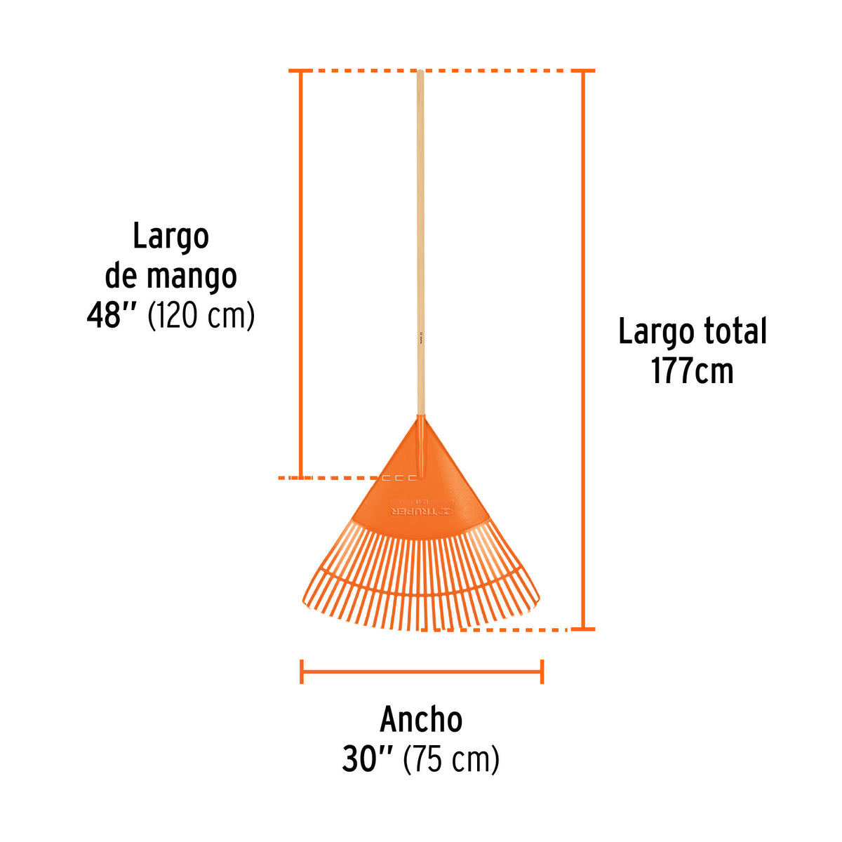 Escoba plástica para jardín, flexible, 30 dientes, mango 48'