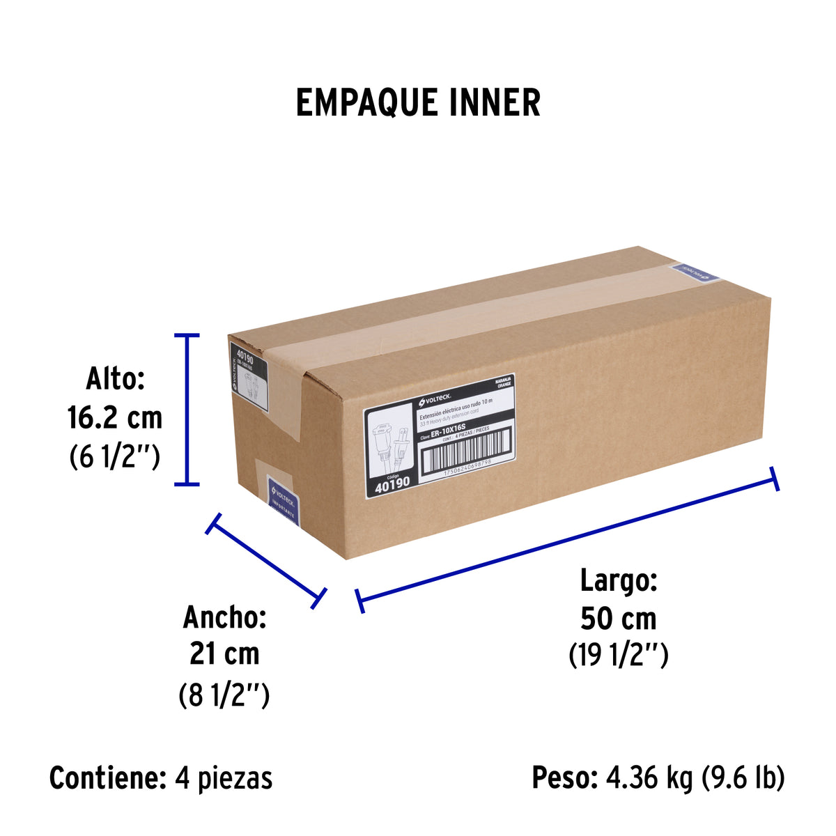 Extensión eléctrica uso rudo 10 m 2x16 AWG para 1 clavija