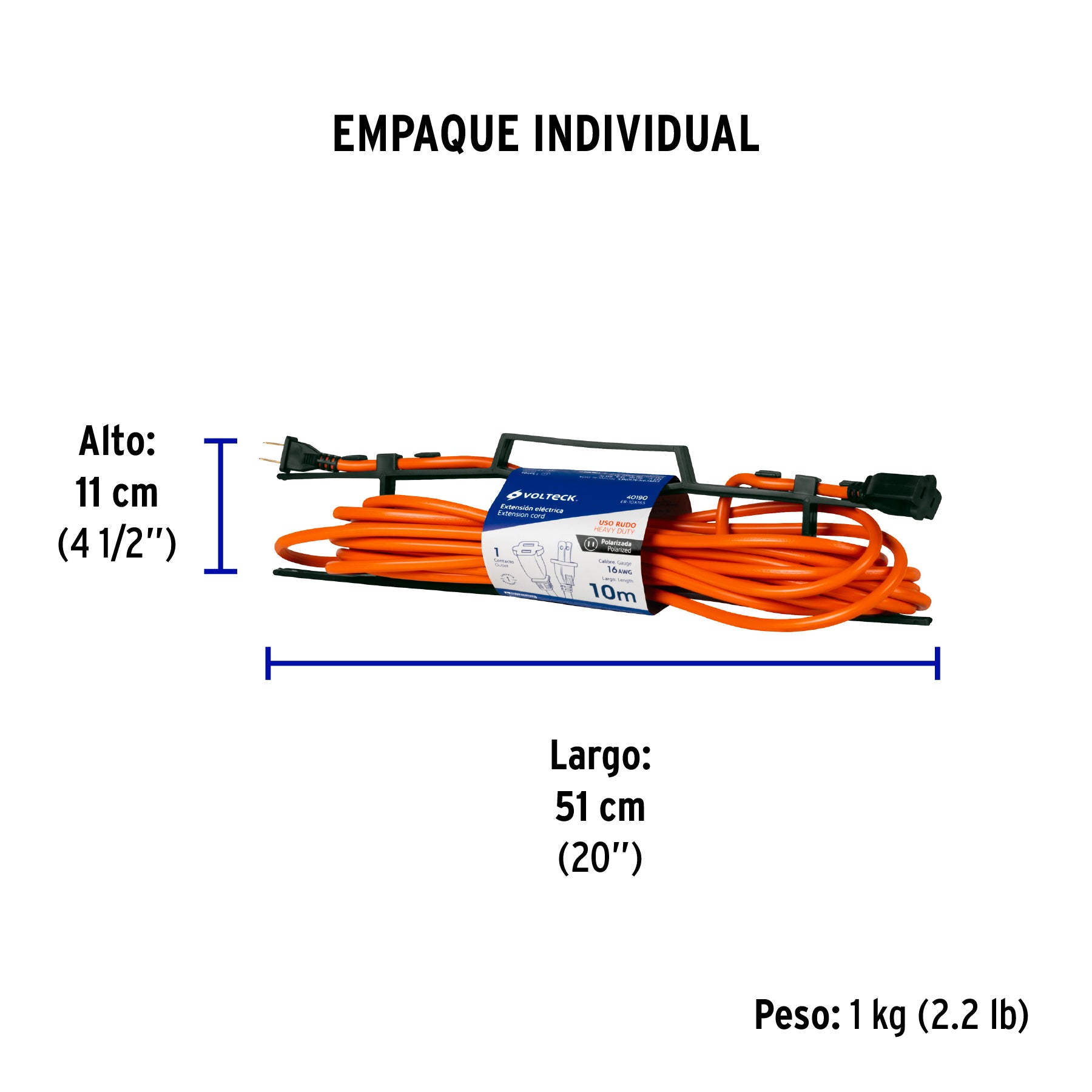 Extensión eléctrica uso rudo 10 m 2x16 AWG para 1 clavija