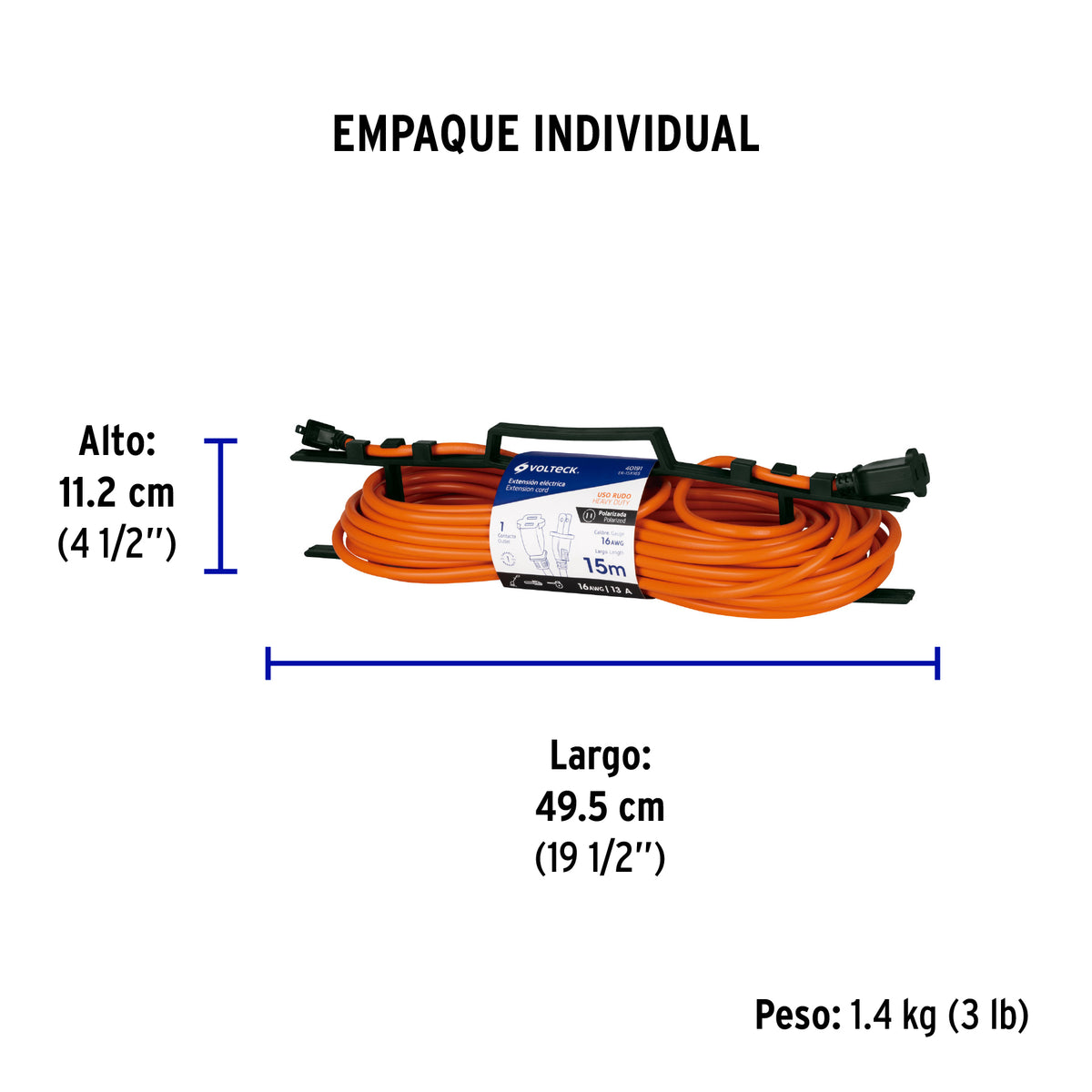 Extensión eléctrica uso rudo 15 m 2x16 AWG para 1 clavija