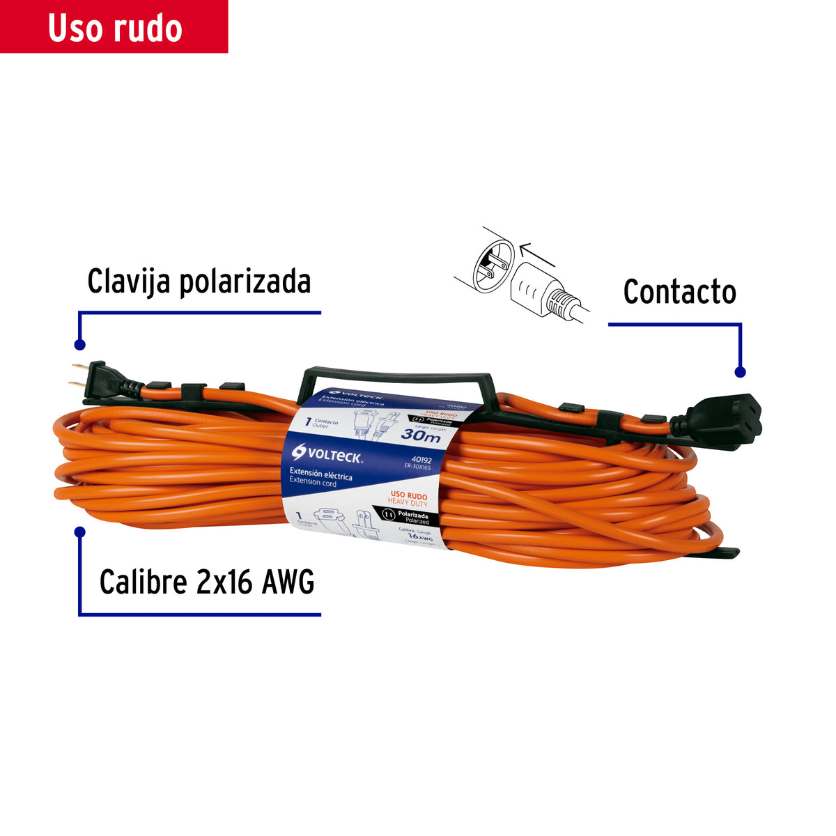 Extension electrica uso rudo 30 m 2x16 AWG para 1 clavija