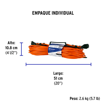 Extension electrica uso rudo 30 m 2x16 AWG para 1 clavija