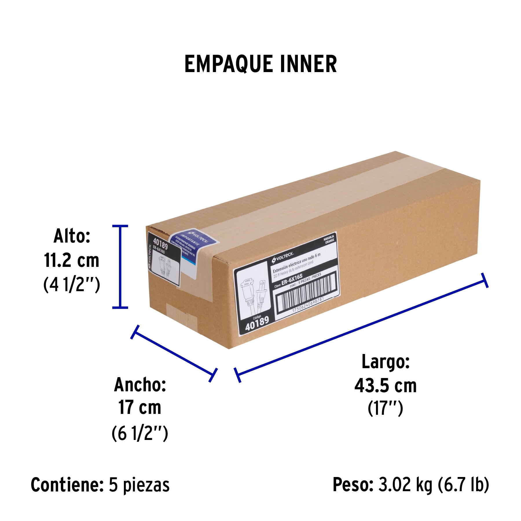 Extensión eléctrica uso rudo 6m 2x16 AWG para 1 clavija