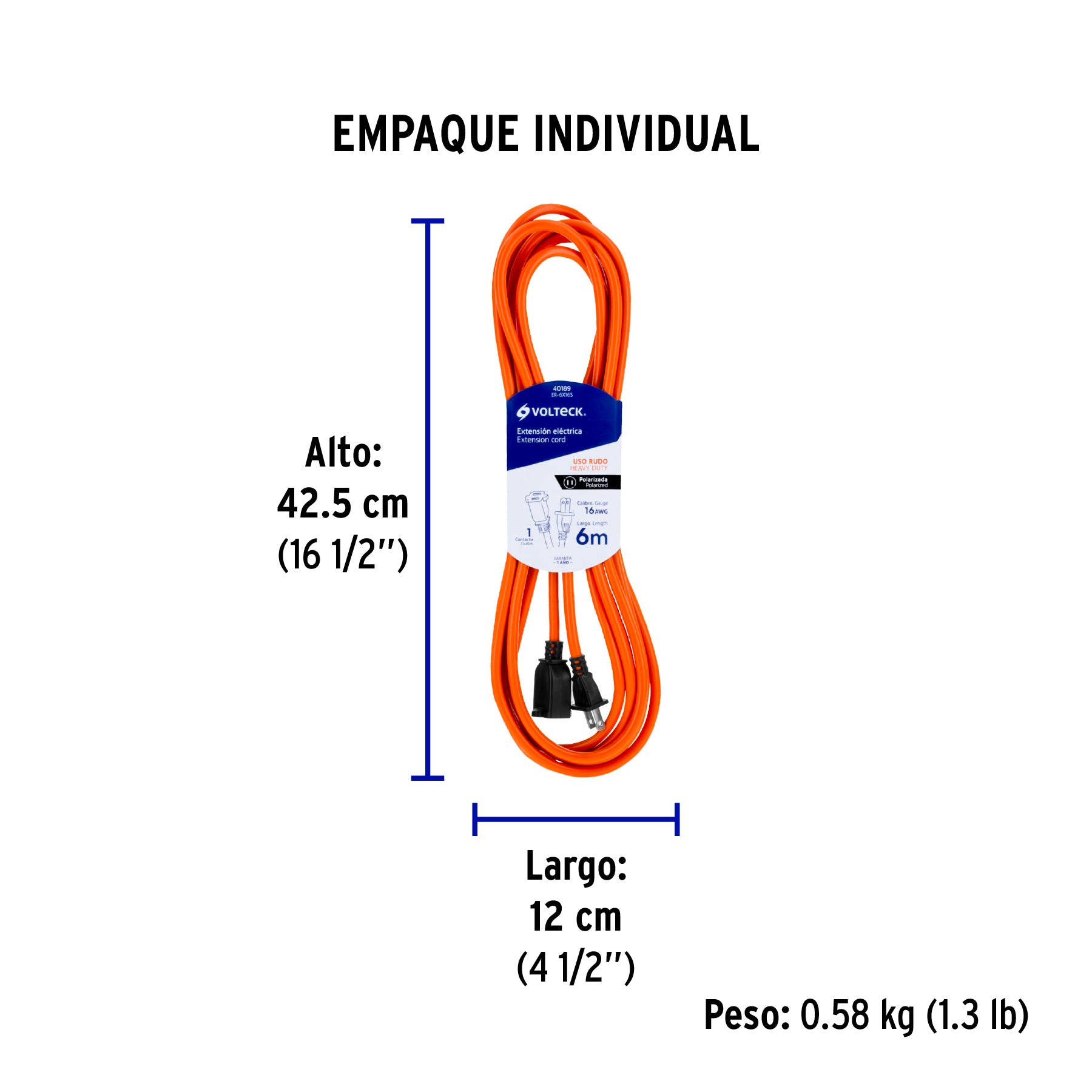 Extensión eléctrica uso rudo 6m 2x16 AWG para 1 clavija
