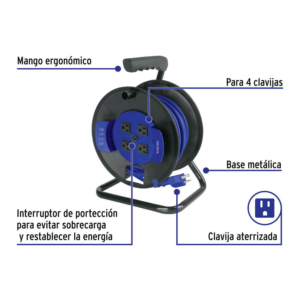 Extensión reforzada aterrizada, 15 m en carrete, calibre 16