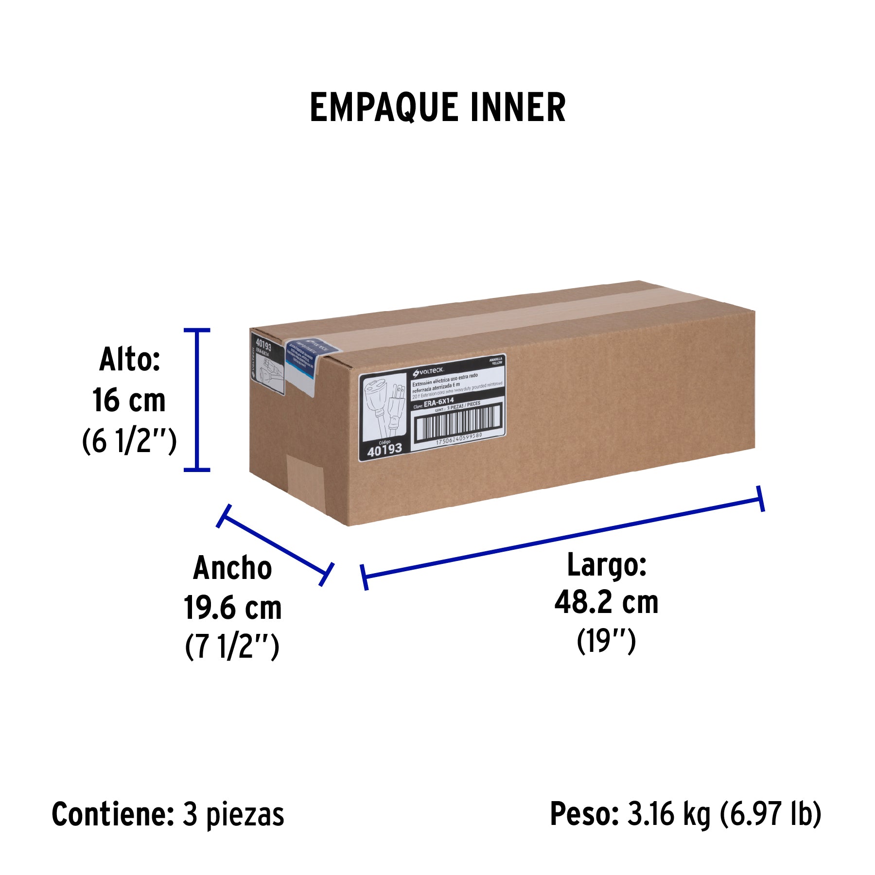 Extensión reforzada aterrizada 6 m calibre 14, Volteck