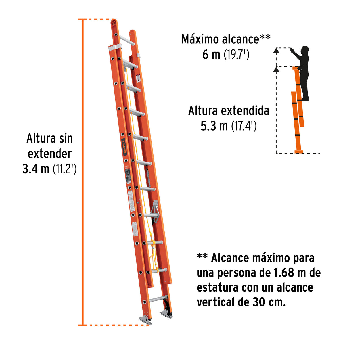 Escalera de extension tipo II 20 peldanos fibra de vidrio