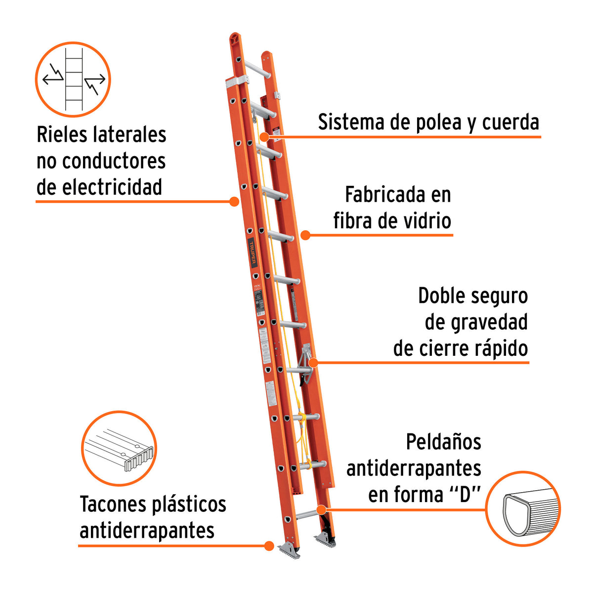 Escalera de extension tipo II 20 peldanos fibra de vidrio