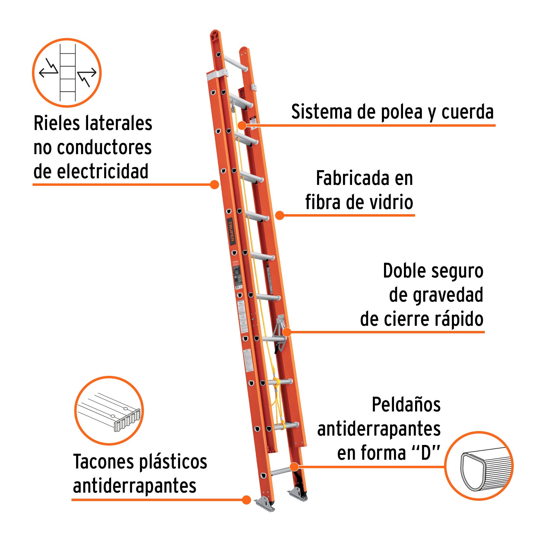 Escalera de extension tipo II 20 peldanos fibra de vidrio