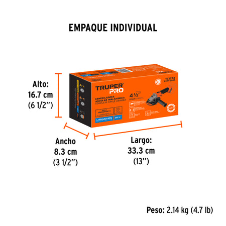 Esmeriladora 4-1/2" 20V sin accesorios TRUPER PRO
