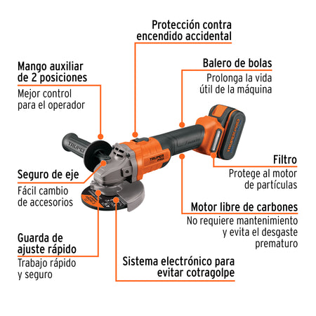 Esmeriladora 4-1/2" 20V 1 bateria 4Ah TRUPER PRO