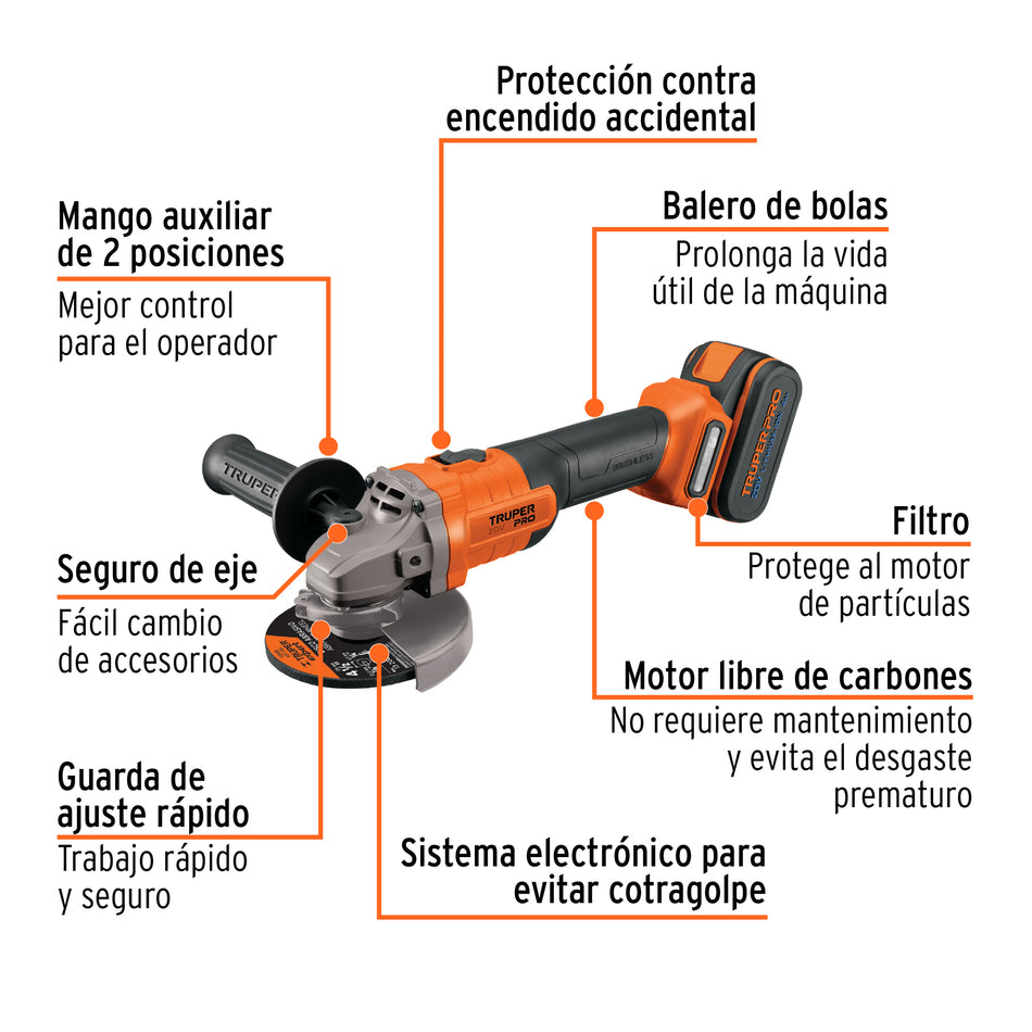 Esmeriladora 4-1/2" 20V 1 bateria 4Ah TRUPER PRO