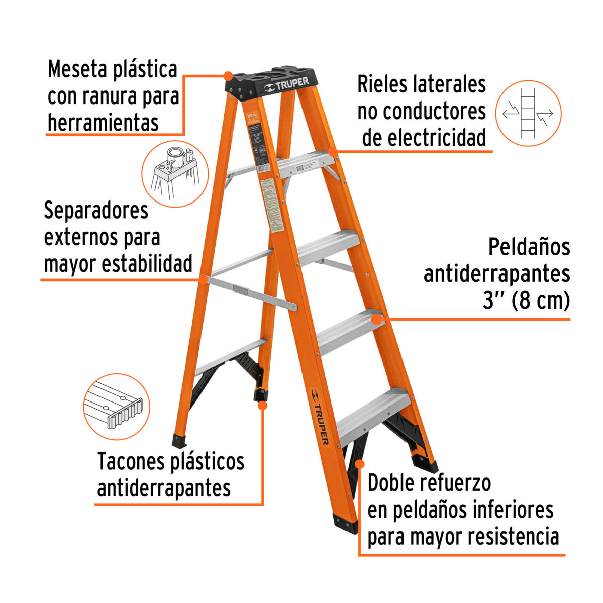 Escalera de tijera tipo ll 4 peldanos fibra de vidrio