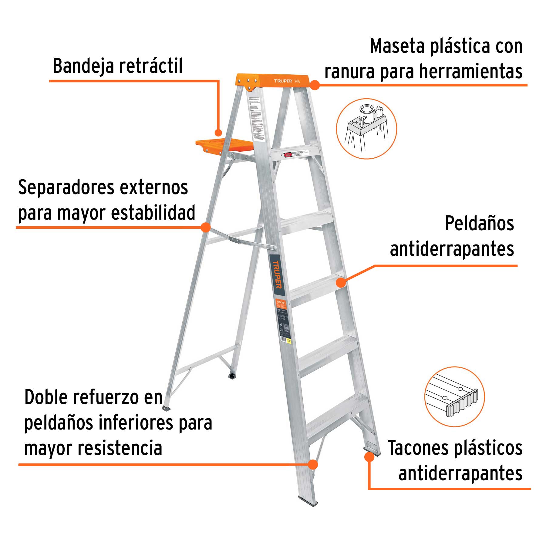 Escalera de tijera tipo ll 5 peldanos y bandeja Truper