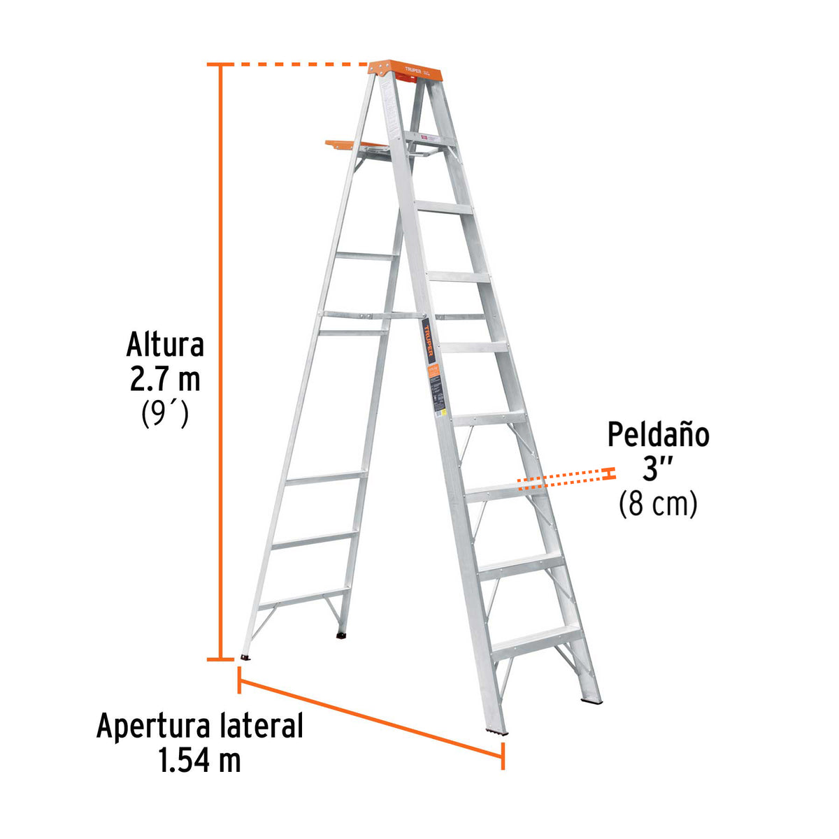 Escalera de tijera tipo ll 8 peldanos y bandeja Truper