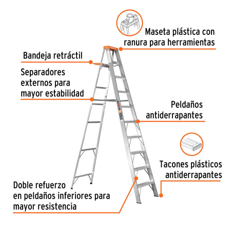 Escalera de tijera tipo II 9 peldanos y bandeja Truper
