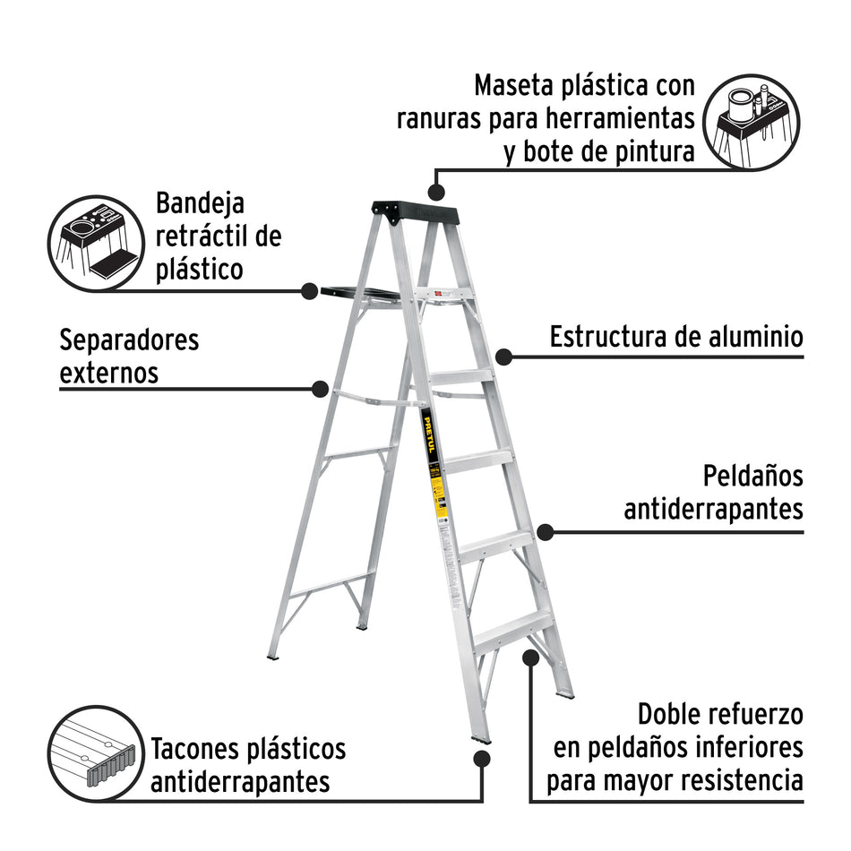 Escalera de tijera tipo III 5 escalones y bandeja, PRETUL