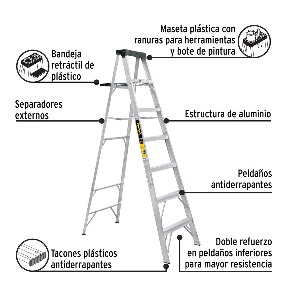 Escalera de tijera tipo III 6 escalones y bandeja, PRETUL
