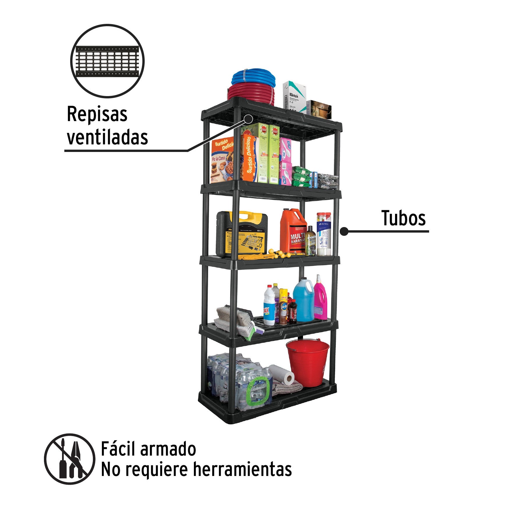 Estante plástico amplio 4 rep/cap. 35 kg, 140x44x92, Pretul