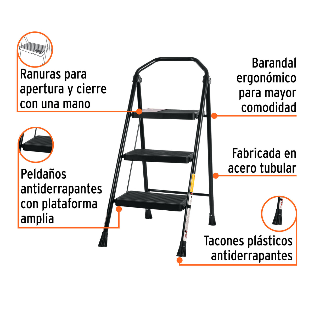 Escalera tubular, plegable, peldaños, Pretul Escalera tubular, plegable, 3 peldaños