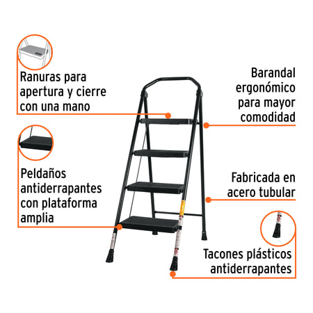 Escalera tubular, plegable, peldaños, Pretul Escalera tubular, plegable, 4 peldaños