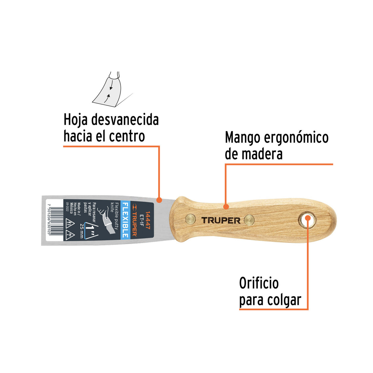 Espátula flexible 1' con mango de madera, Truper 1'
