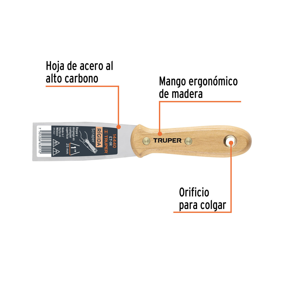 Espátula rígida 1' con mango de madera, Truper 1'