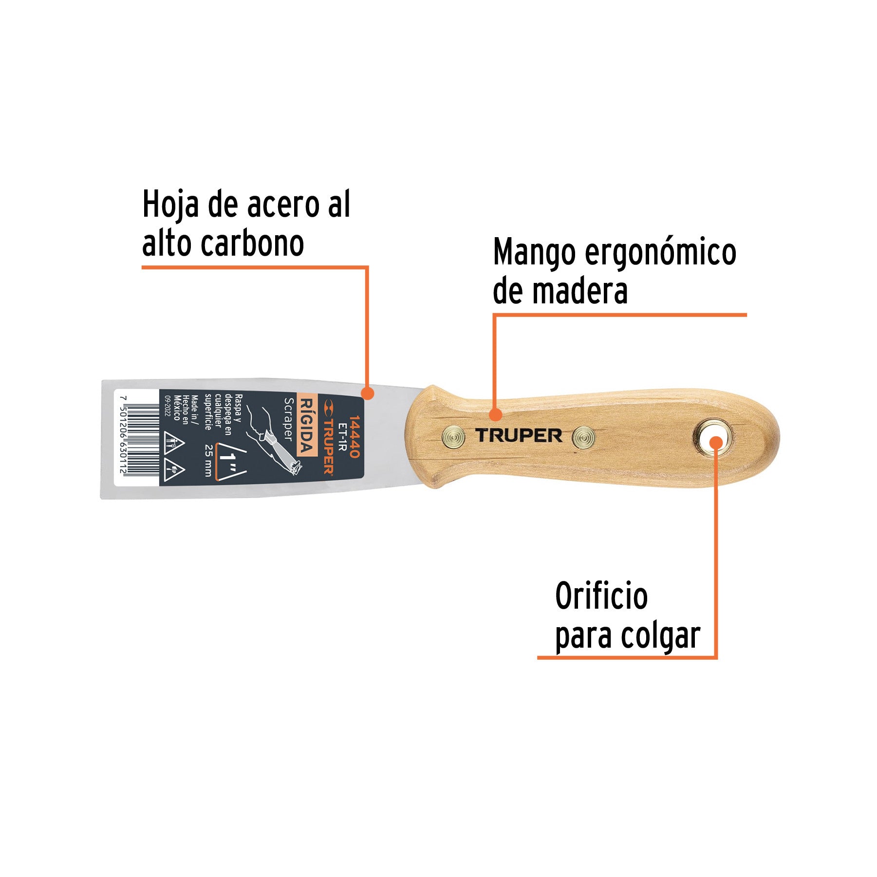 Espátula rígida 1' con mango de madera, Truper 1'