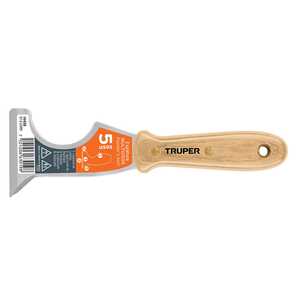 Espátula 2-1/2' de 5 usos con mango de madera, Truper