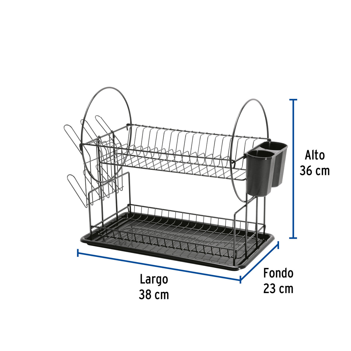 Escurridor negro de acero con 2 niveles para trastes, grande