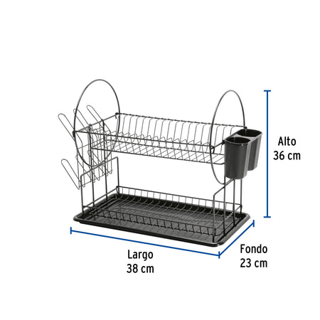 Escurridor negro de acero con 2 niveles para trastes, grande