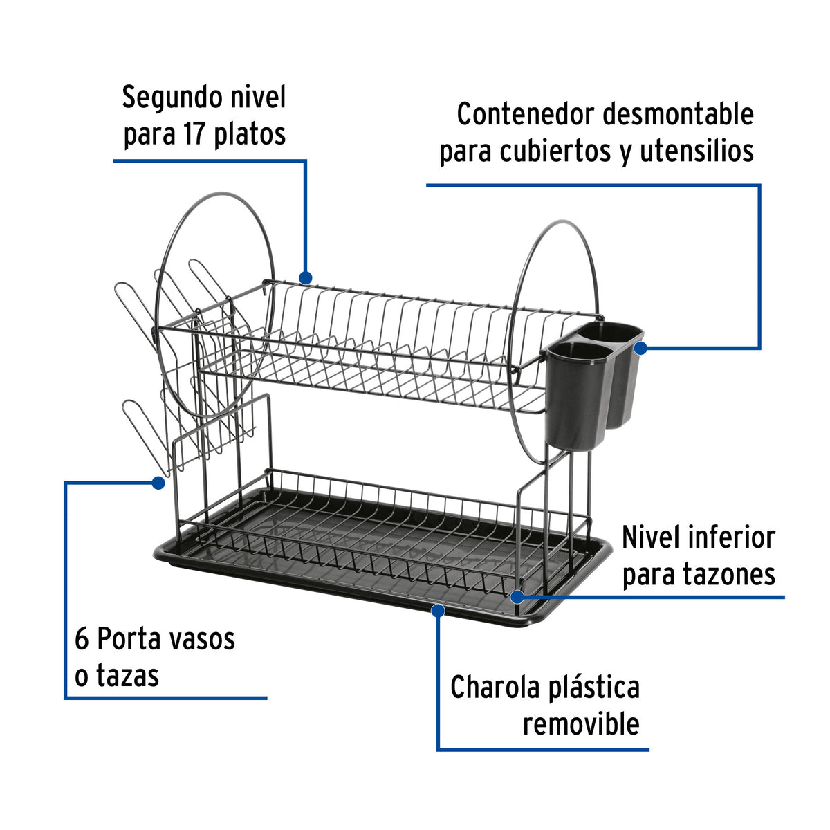 Escurridor negro de acero con 2 niveles para trastes, grande