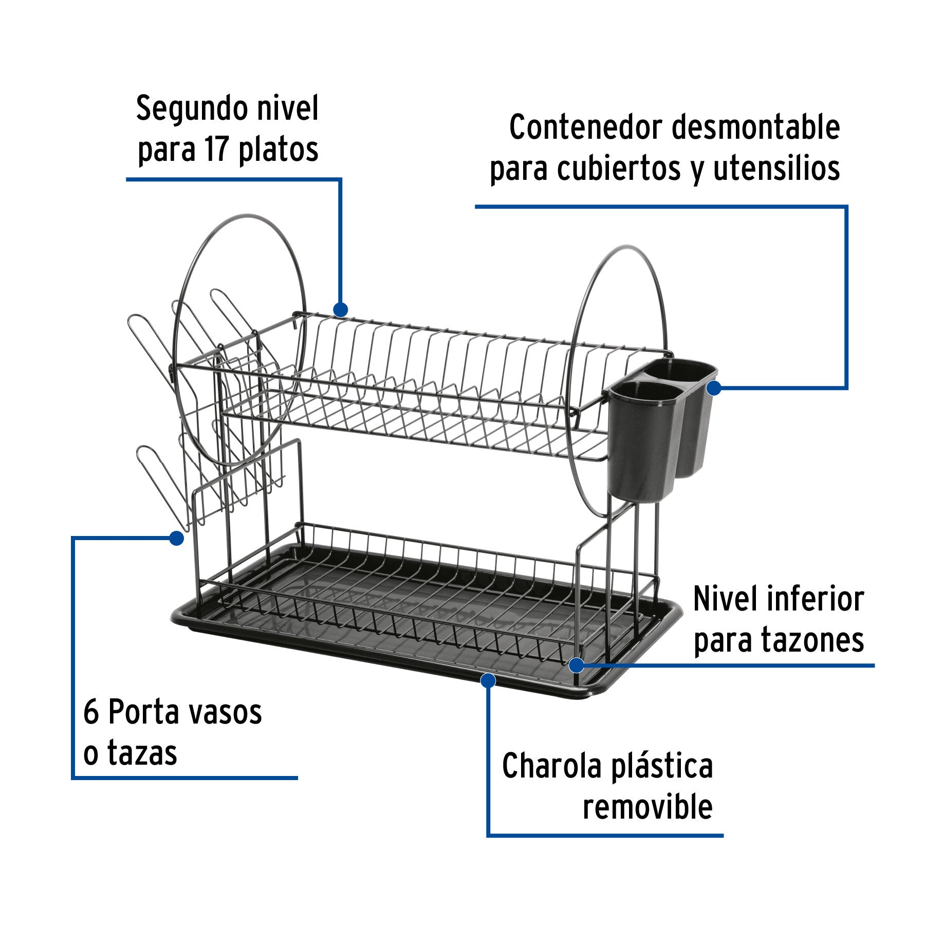 Escurridor negro de acero con 2 niveles para trastes, grande