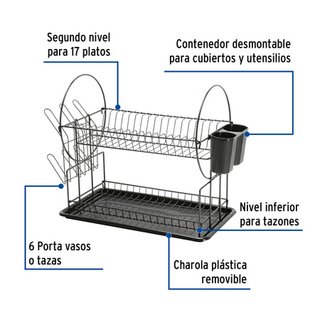 Escurridor negro de acero con 2 niveles para trastes, grande