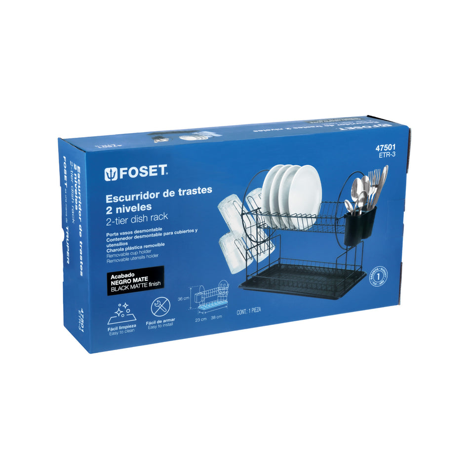Escurridor negro de acero con 2 niveles para trastes, grande
