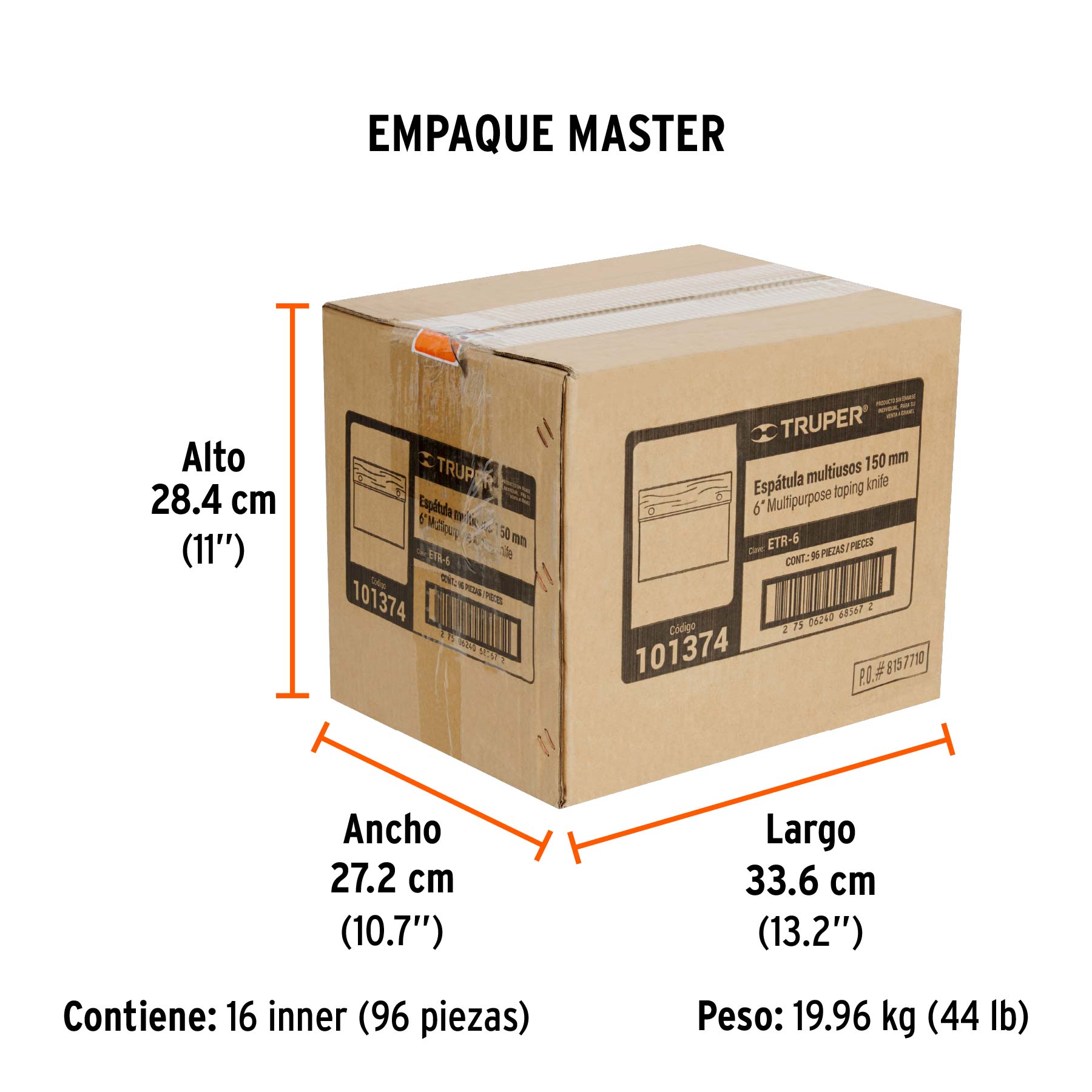 Espátula rectangular 6' x 3' acero inoxidable, mango madera