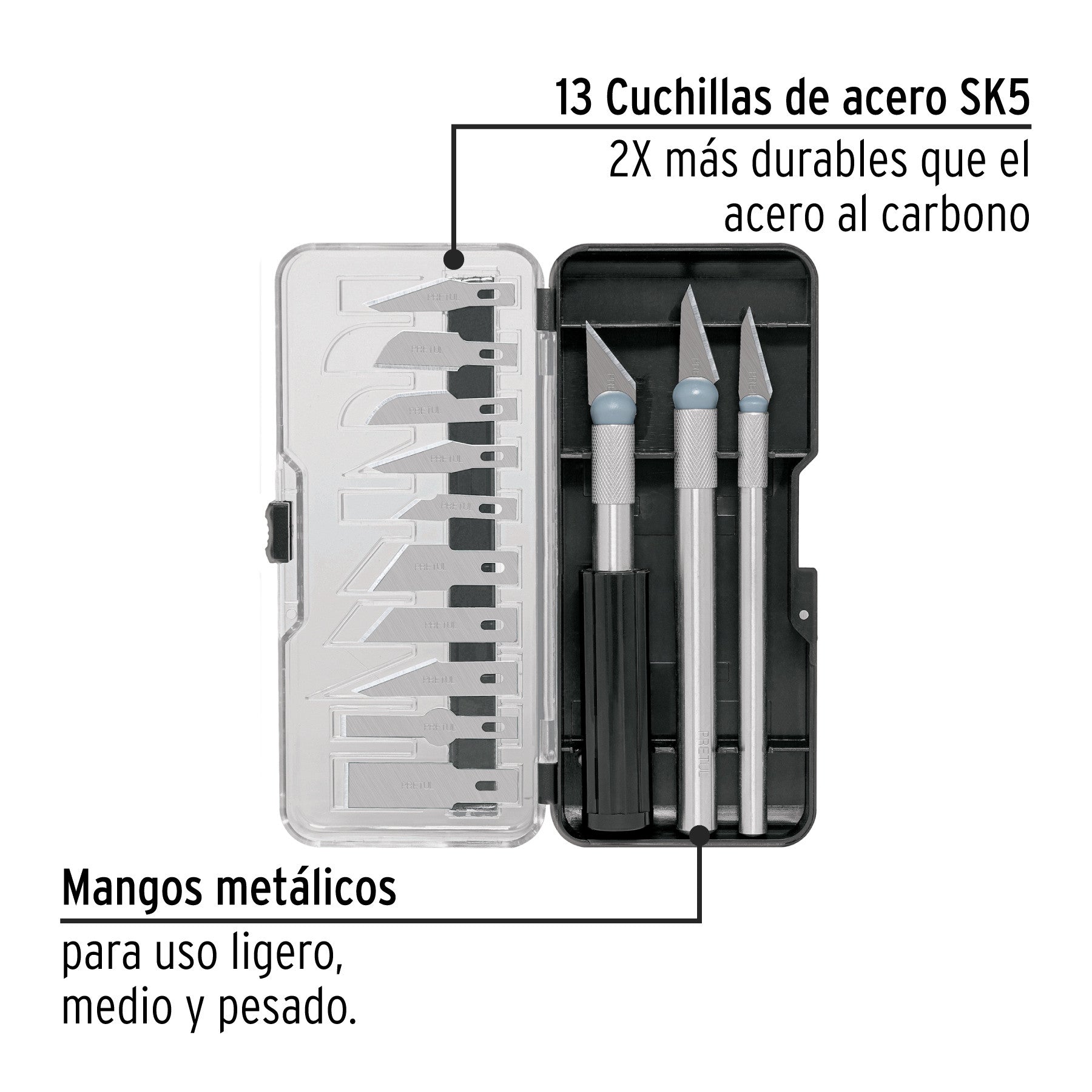 Juego de exactos con 13 cuchillas en estuche, PRETUL