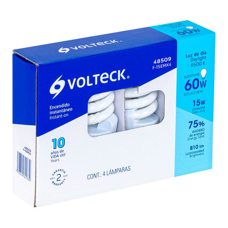 Pack de 4 lámparas espiral mini T2 15 W luz de día, en caja 2 15 W