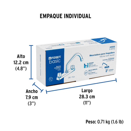 Mezcladora 8" fregadero cromo cuello cortocompresionBASIC