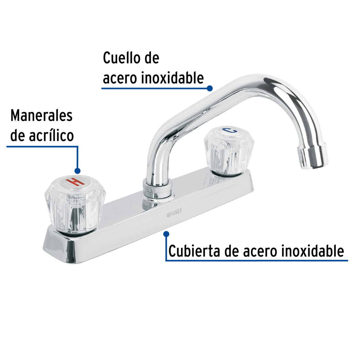 Mezcladora 8" fregadero cromo cuello corto acrilico BASIC