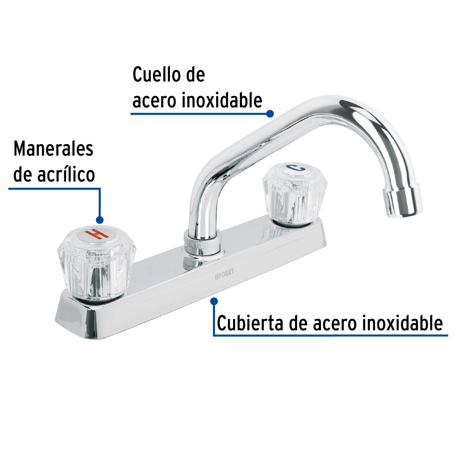 Mezcladora 8" fregadero cromo cuello corto acrilico BASIC