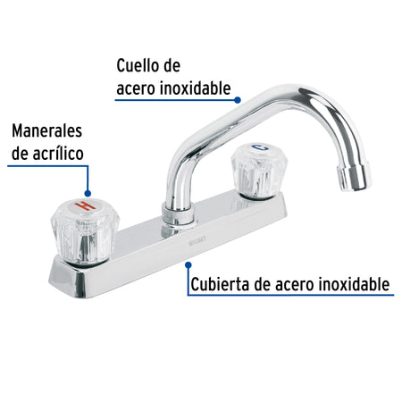 Mezcladora 8" fregadero cromo cuello corto acrilico BASIC